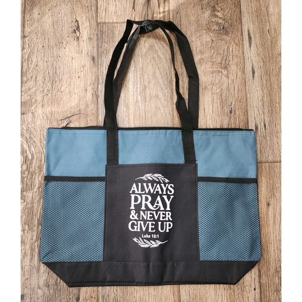 Chrisitan Tote Beach Bag x2 Scripture Bible Shopping Zip Aqua Green Gray Gift - Picture 3 of 11